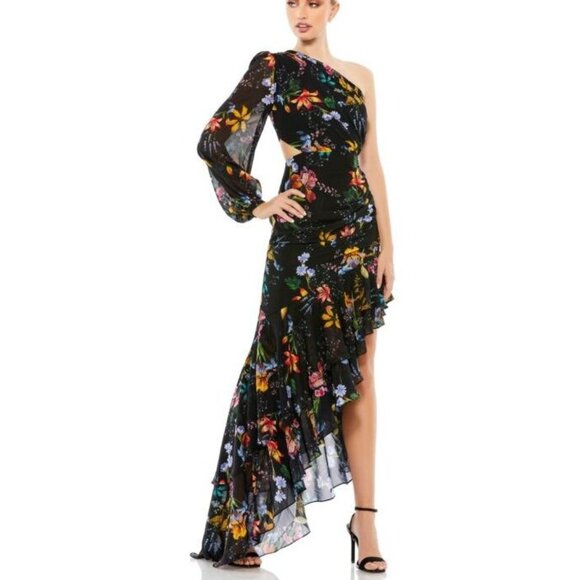 Mac Duggal Dresses & Skirts - Mac Duggal 55668 Black Floral One Shoulder Cut Out Maxi Dress Formal NWT Sz 0